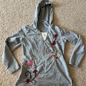 Style & Co Sport Embroidered Floral Heather Gray Hoodie